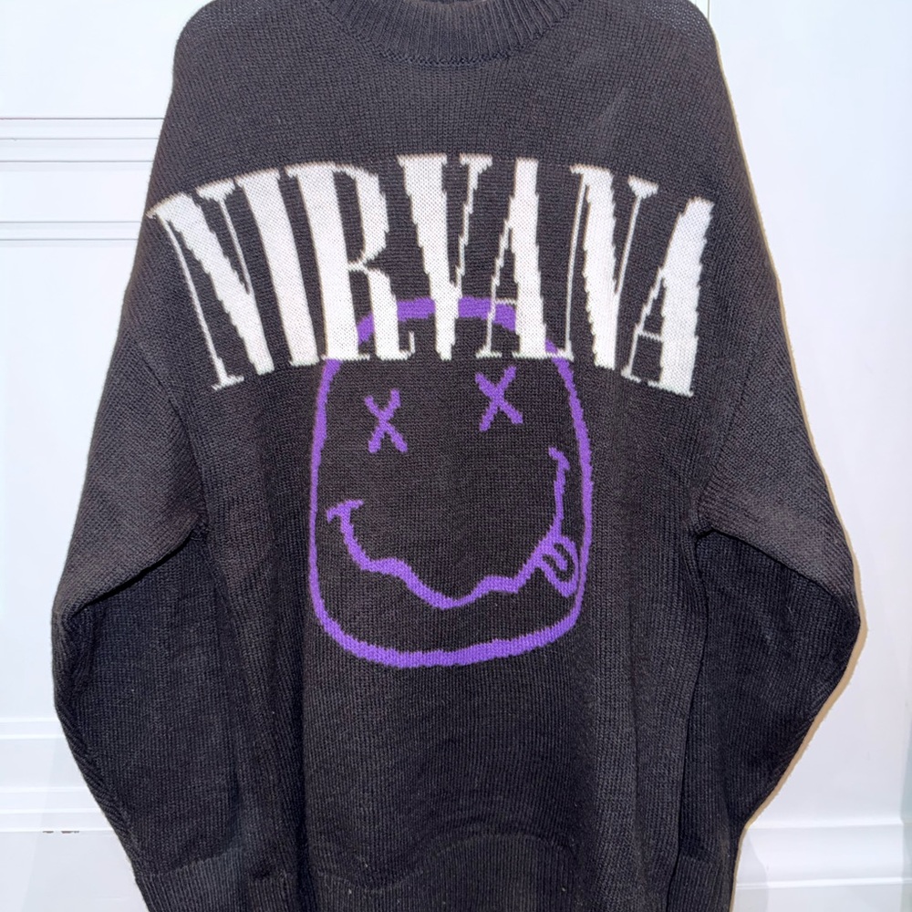 H&M Nirvana Black and Purple Crewneck Sweater